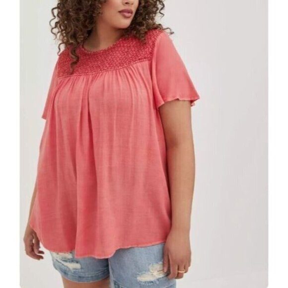 Torrid Top Womens 3X Coral Orange Smocked Flutter Sleeve Challis Boho Flowy - Picture 1 of 9